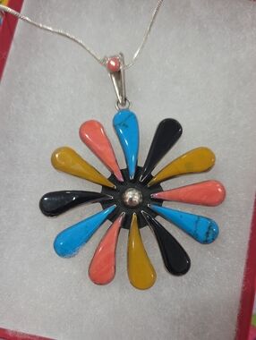 Multicolor Teardrop Flower Pendant Necklace - Coral, Turquoise, Yellow, Black